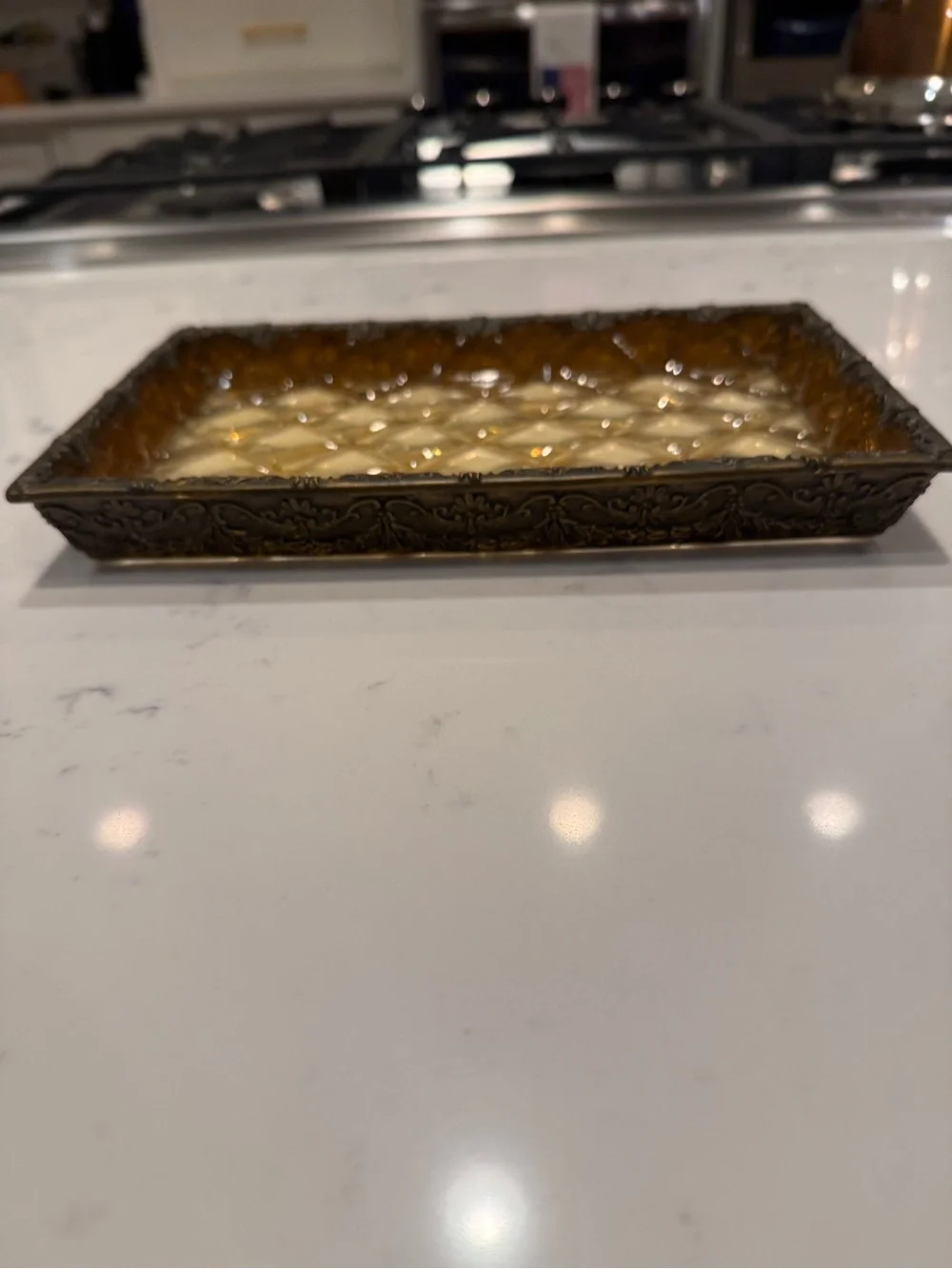 Vintage Amber Faux Glass Decorative Vanity Tray Brass Tone Filigree Catchall